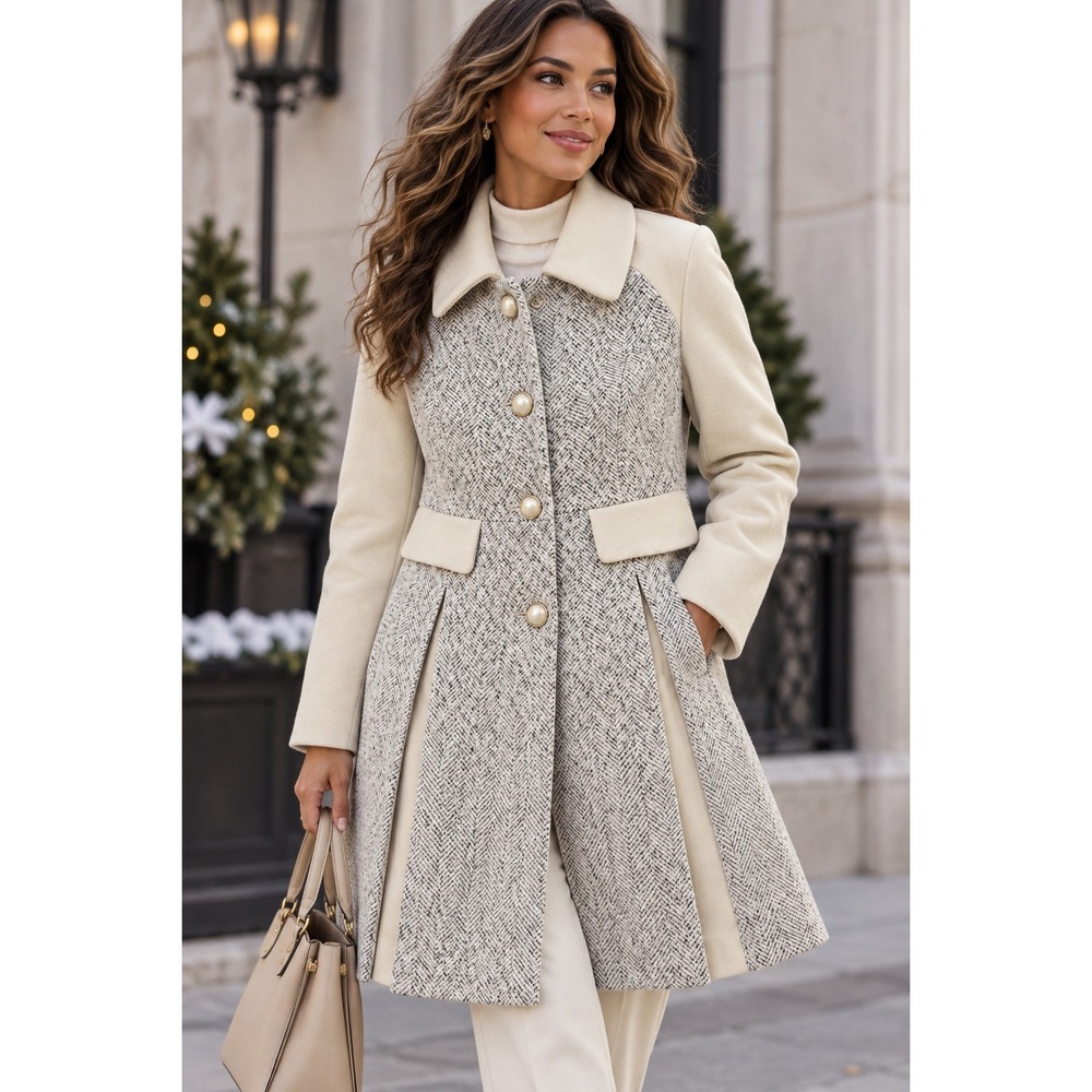 TAMSY Herringbone Coat Womens XL Cream New Mixed Media Pearl Button Pleated Back